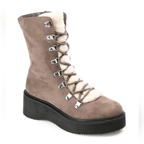 Journee Collection Womens KANNON Lace Up Vegan Fur Winter & Snow Boots TAUPE 7.5 - Picture 1 of 13